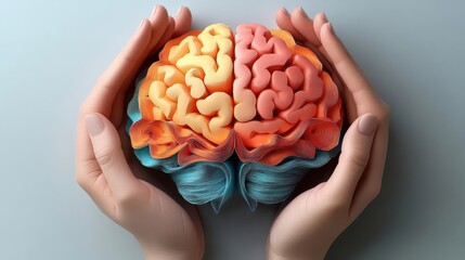 Obraz premium Craft a 3D paper cutout portraying nurturing hands enveloping a vibrant brain, exuding warmth
