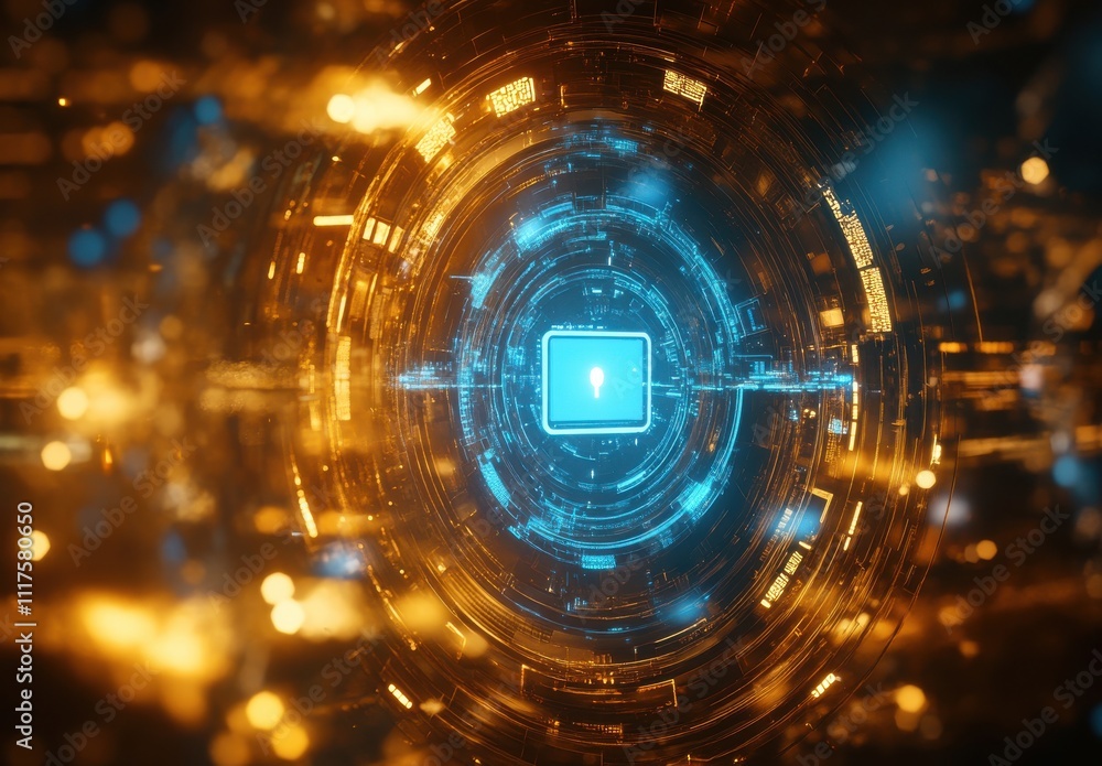Poster futuristic abstract digital background featuring a central microprocessor with radiant lights and gl