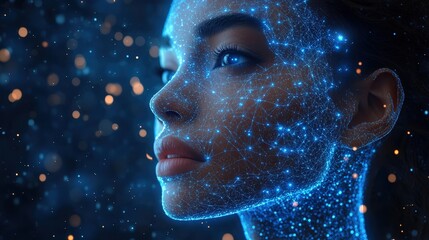 Futuristic Side Profile of a Woman's Face with Glowing Neon Network Nodes and Pathways