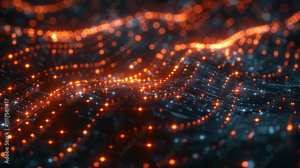 Poster abstract tech background with illuminated fiber optic connections, quantum computing network system.
