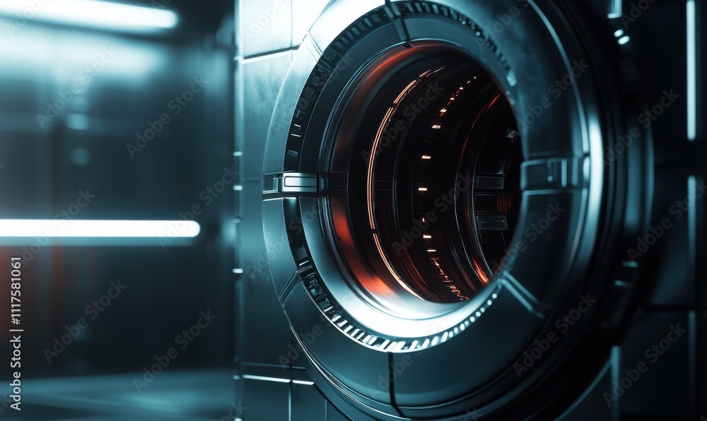 Poster futuristic close-up of an abstract machine component with glowing lights and sleek design in a high-