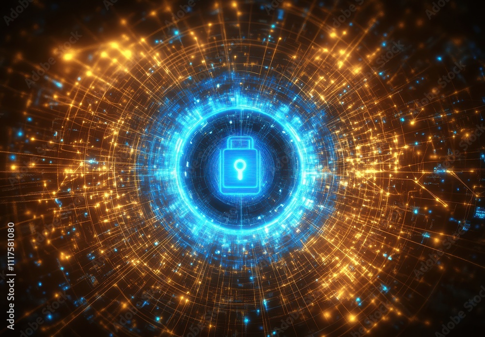 Poster futuristic concept of data security with digital lock symbol surrounded by glowing particles and int