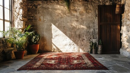 A vibrant Iranian rug beneath a Christmas An Azerbaijani rug on a polished floor in