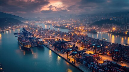 Obraz premium A bustling port with cargo containers stacked high, cargo ships docked at the docks, and busy cranes unloading goods under the twilight sky
