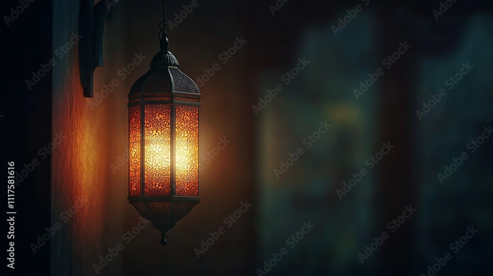 Poster an intricately designed arabic lantern hangs elegantly against a textured wall, casting a warm and i