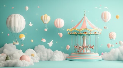 A whimsical carousel surrounded by pastel balloons and clouds, evoking a dreamy atmosphere.
