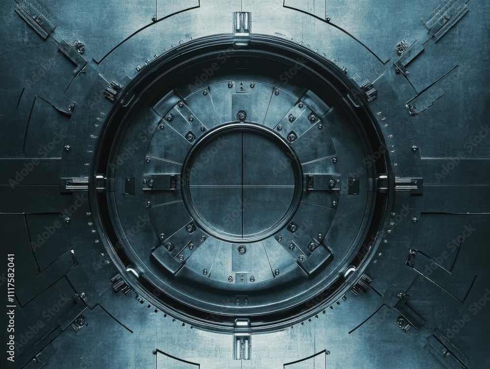 Poster futuristic industrial panel with circular access hatch design featuring metallic texture and geometr