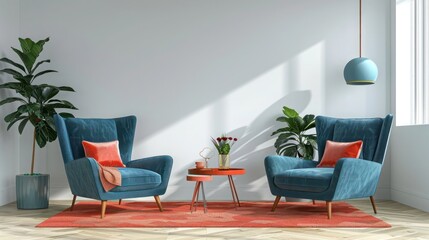 Trendy living room with peacock blue armchairs, coral rug, and minimalistic design elements