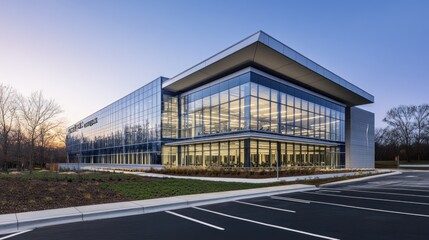 Modern Glass Office Building at Dusk Exterior View