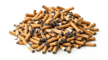 Compact pile of cigarettes, tightly framed against a clean white background