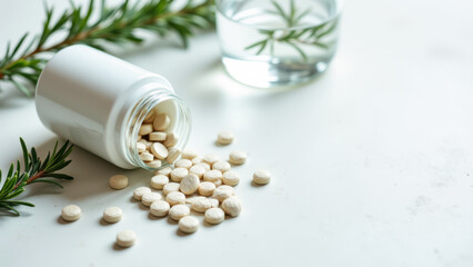 Magnesium capsules spilled from a jar onto a white surface with scattered greenery in background.