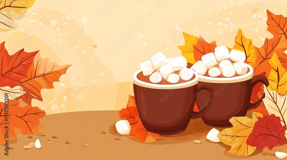 Poster two mugs of hot chocolate with marshmallows on a table in front of an autumn scene.