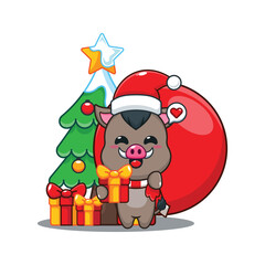 Cute boar carrying bag of presents. Cartoon vector illustration in Christmas day.