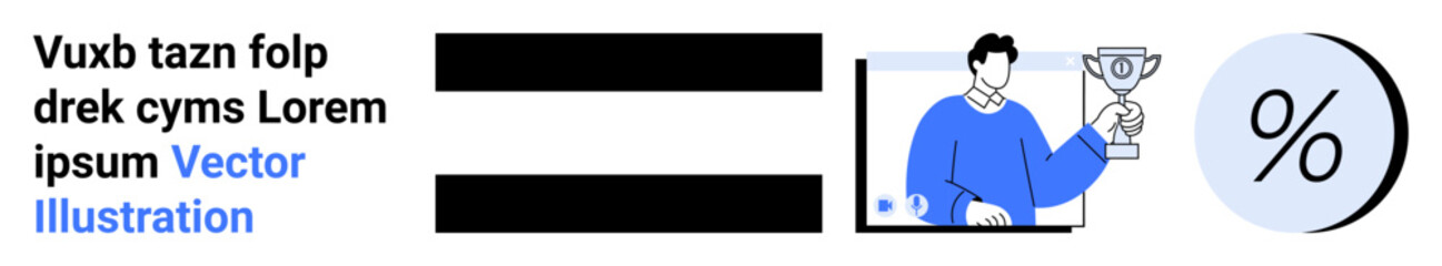 Man holding trophy, percentage symbol in blue and gray circles. Ideal for business, success, achievement, goals, finance, presentations, marketing, and education. Landing page