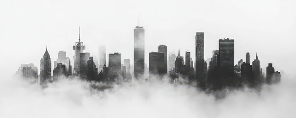 Fototapeta premium A monochromatic skyline emerges through thick fog, creating a dramatic, ethereal atmosphere that highlights the silhouettes of towering buildings.