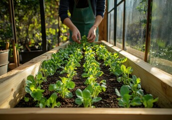 Hands of a Gardener Tending to Young Green Plants in a Wooden Planter Box Inside a Bright and Lively Greenhouse with Natural Light Streaming In