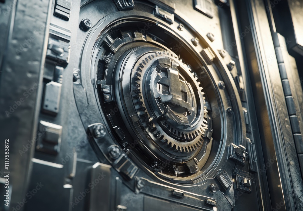Poster highly detailed close-up image of a secure metallic vault door with intricate gear mechanisms and sl