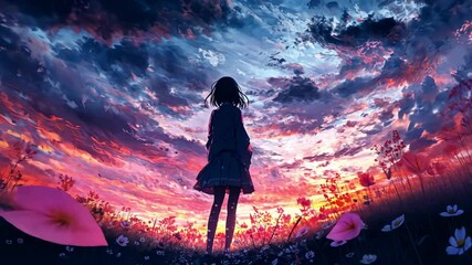 A silhouetted figure stands in a field, gazing at a vibrant sunset filled with clouds, anime style.