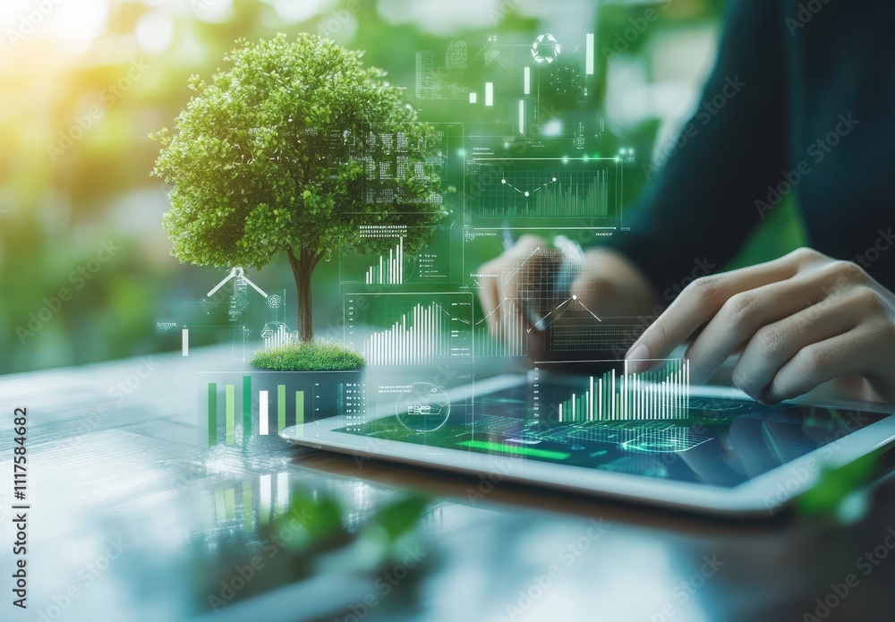 Poster innovative technology in sustainability: a person using a tablet to analyze environmental data with 