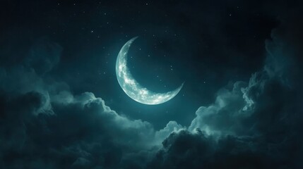 Serene Crescent Moon in Night Sky with Clouds.