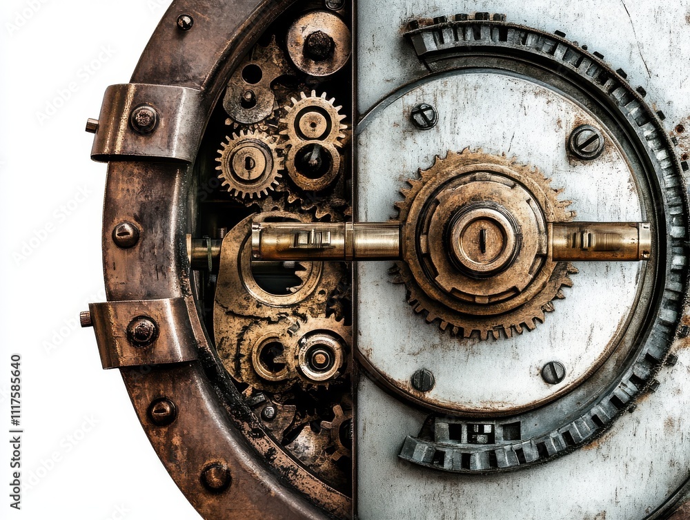 Poster intricate details of a vintage vault door with exposed gears and mechanisms highlighting the art of 