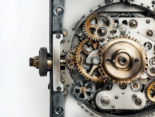 Intricate Mechanism of a Clockwork: Close-Up View of Gears, Wheels, and Springs in a Vintage Clock, Showcasing Precision Engineering and Timeless Craftsmanship