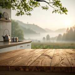 Wooden Table Mockup with Blurred Coffee Shop Background for Product Display