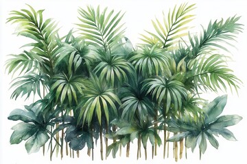 A vibrant watercolor illustration of lush tropical plants and foliage.