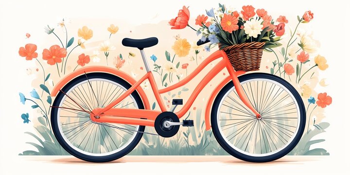 A vintage-style bicycle with a basket of flowers against a floral background.