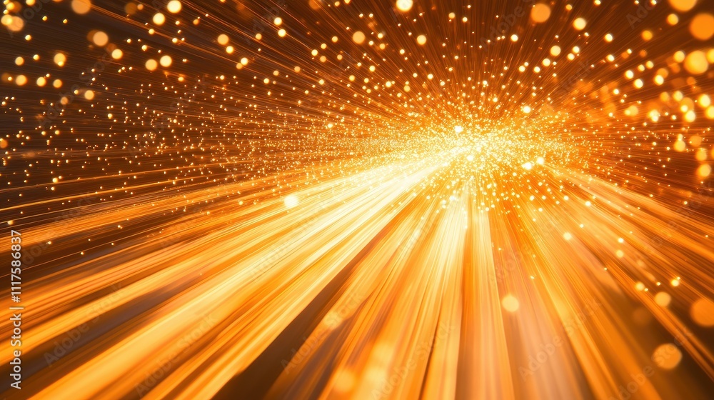 Poster golden star trails with glowing bokeh lights, creating a magical effect on a vivid orange background