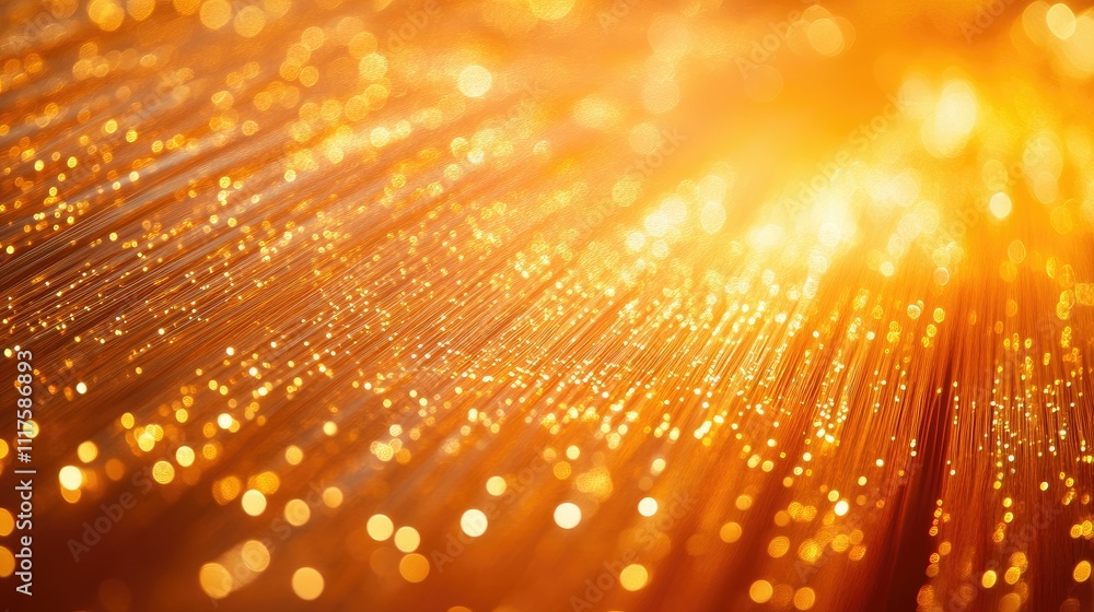 Poster golden star trails with glowing bokeh lights, creating a magical effect on a vivid orange background