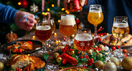 An engaging image featuring friends enjoying an evening of beer tasting with various Christmas brews,