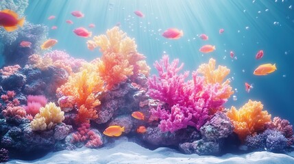 Vibrant coral reef teeming with colorful fish and sunlight filtering through water.