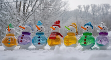An engaging scene featuring six plastic snowmen standing side by side in a snowy landscape,