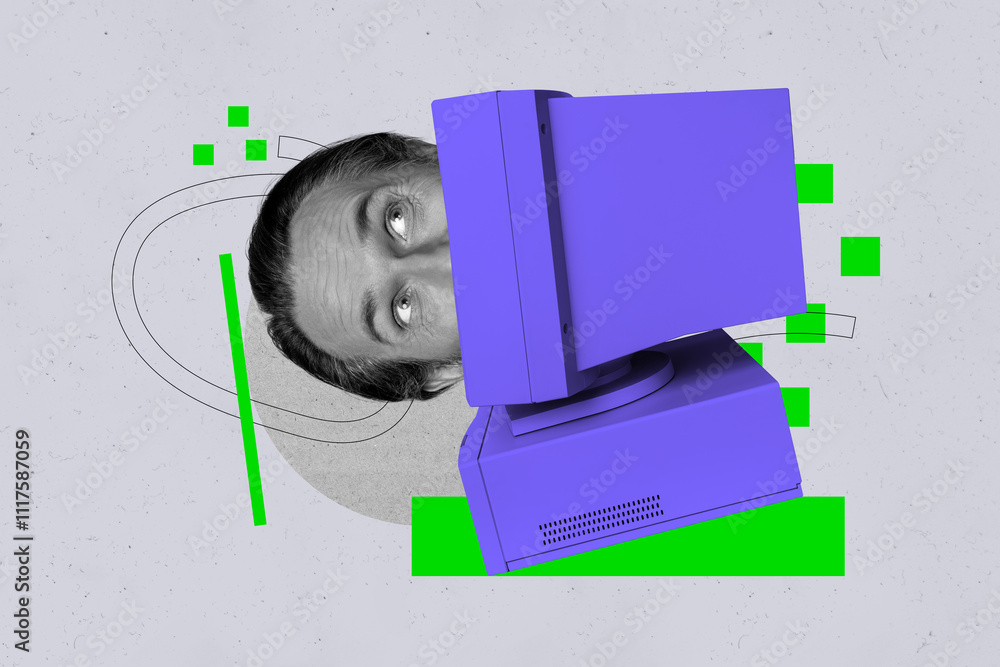 Aufkleber composite trend artwork sketch image photo collage of obsolete computer monitor hacker aged man head