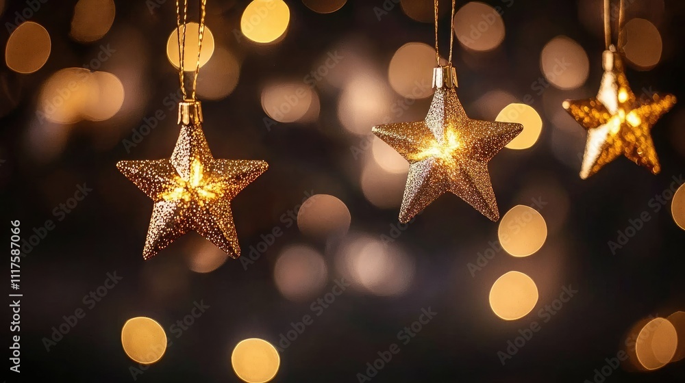 Poster golden stars cascading with glowing bokeh lights, creating a serene, festive scene on a black backgr