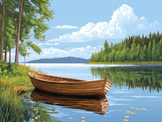 Obraz premium A serene lakeside scene featuring a wooden boat and lush greenery under a blue sky.