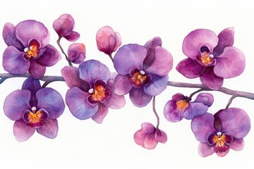 A watercolor illustration of vibrant purple orchids on a delicate branch.