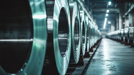 Obraz premium Industrial Steel Coil Storage, Metal Sheets Warehouse.