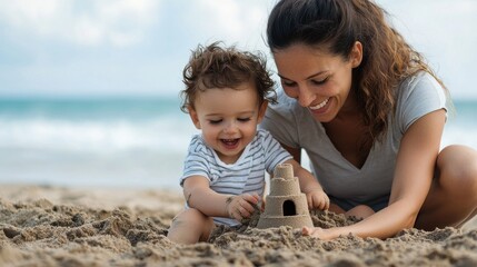 Family bonding at the beach mother and child building sandcastles coastal paradise outdoor fun heartwarming moments