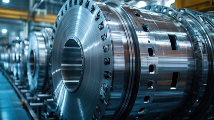 Precision-engineered metal cylinders in industrial factory setting.