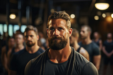 Obraz premium Male athlete with ropes on shoulders and chest.
