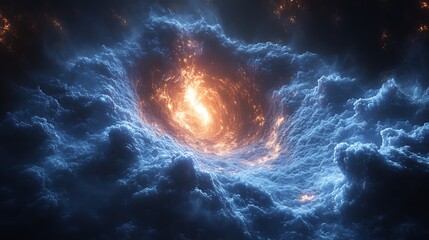 Futuristic abstract explosion surrounded by blue luminescent waves futuristic background