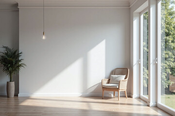 Fototapeta premium Modern minimalist living room natural light gray walls wood