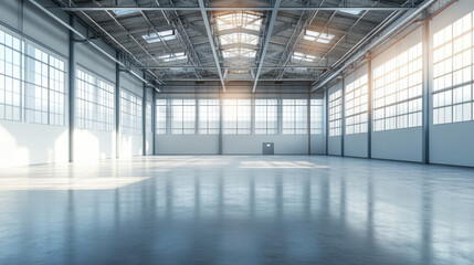 Spacious and sunlit empty warehouse with polished concrete floors and high ceilings, filled with natural light from large industrial windows.