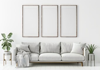 Minimalist living room interior with a white sofa and three empty frames on the wall