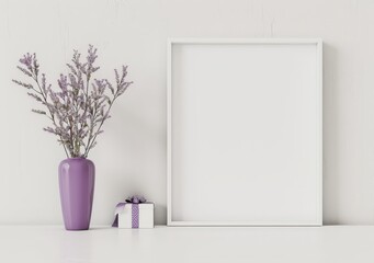 A white picture frame mockup with a purple vase with flowers and a gift box on a white table against a white wall