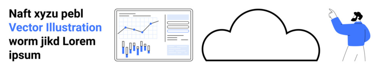 Business analytics dashboard with various graphs, single cloud icon, and a businessman gesturing Ideal for technology, data analysis, presentations, business growth, cloud computing, marketing