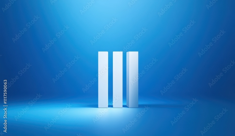 Poster minimalist composition of three vertical rectangular pillars against a soft blue background with del