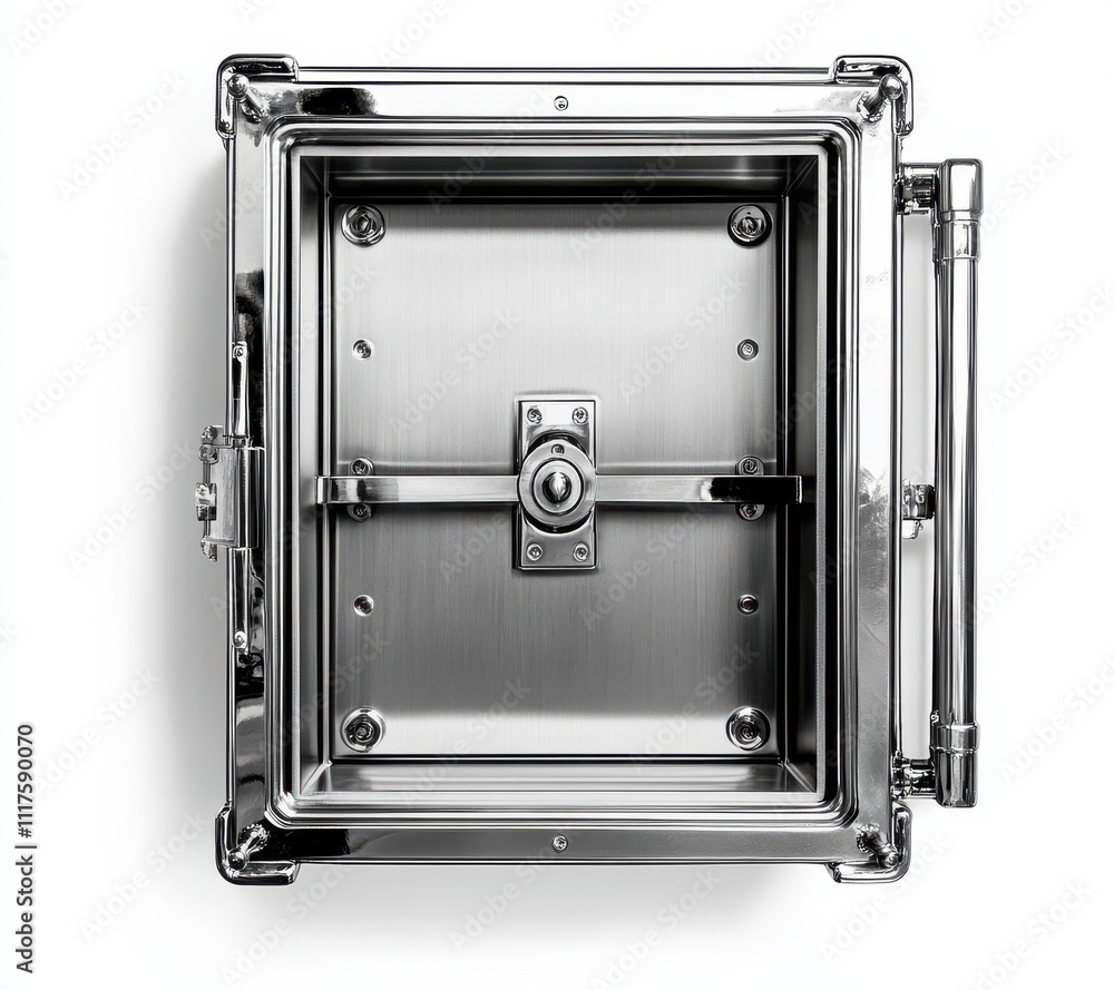 Aufkleber minimalist open safe box with silver metallic finish and locking mechanism, ideal for storage and se